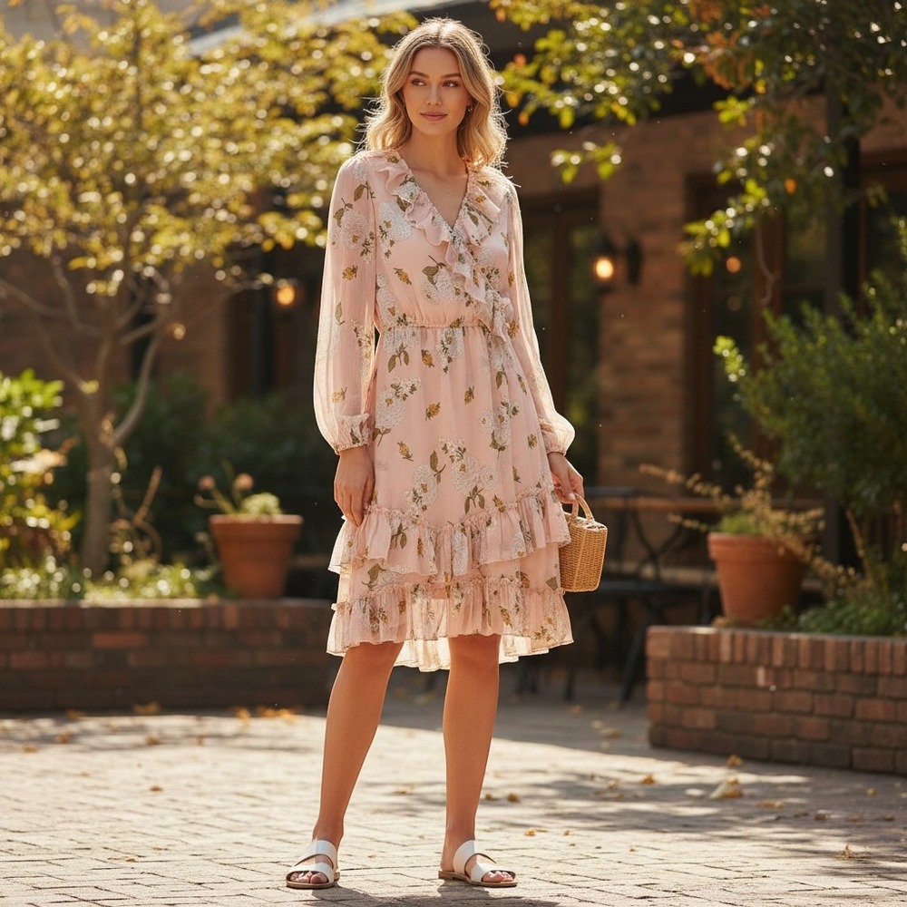 Downeast Dress Women's Medium Pink Floral Ruffle Tiered Long Sleeve